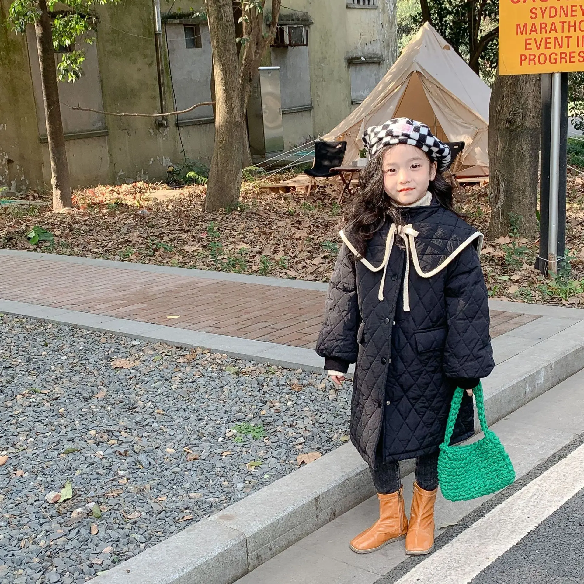 

MILA CHOU 2021 Winter Baby Girl Quilted Long Black Coat Children Princess Peter Pan Collar Overcoat Outwear Jacket Kid Clothes