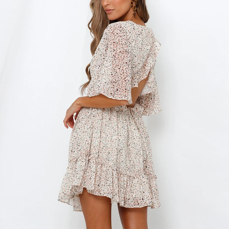 

HiloRill Women Back Hollow Out Print Mini Dress Summer Deep V Neck Boho Beach Dresses Short Sleeve Ruffle Chiffon Party Dress