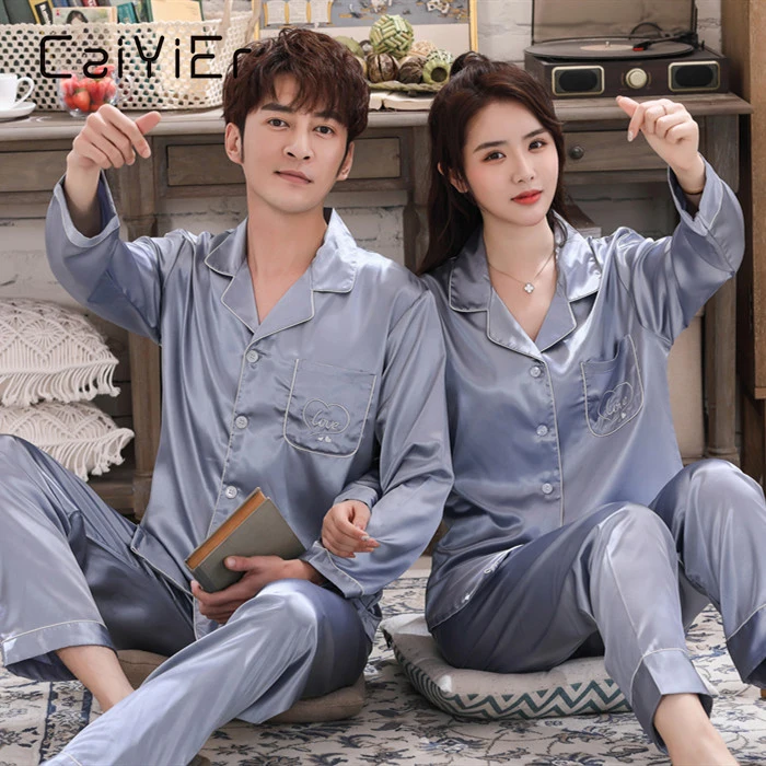 CAIYIER Silk Satin Couple Pajamas Set Soild Embroidery Love Sleepwear Winter Long Sleeve Loungewear Women & Men Nightwear M-3XL