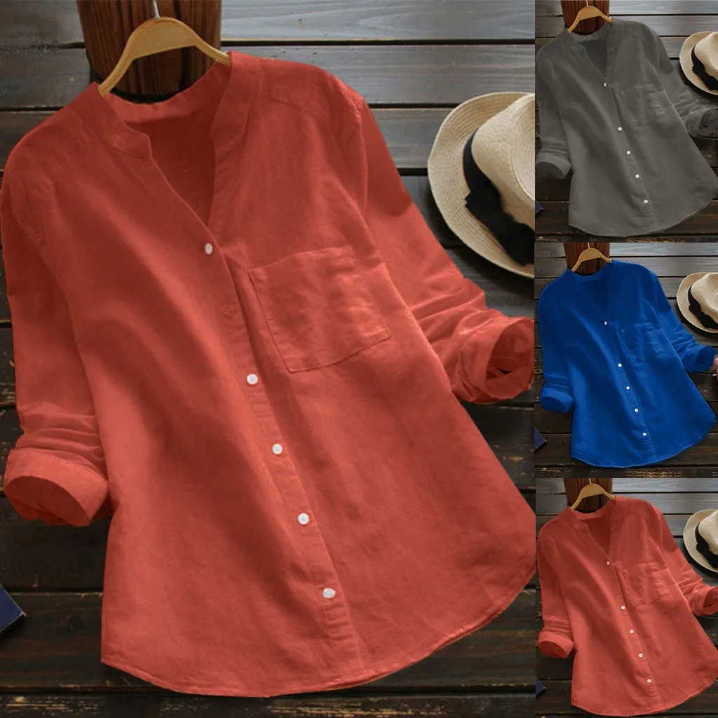 2020 Summer Top T-shirt Women Cotton Linen Casual Solid Long Sleeve Shirt Blouse Button Down Tops High Quality A72