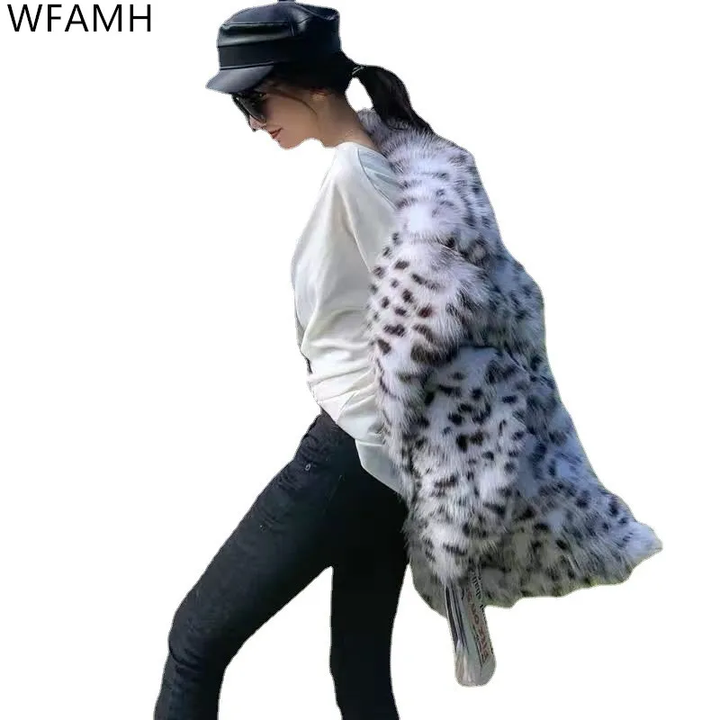 2023 Faux Fur Coat New Winter Half-open Collar Mid-length Fashion Loose Casual Leopard Print Jacket Women Open Stitch Spliced