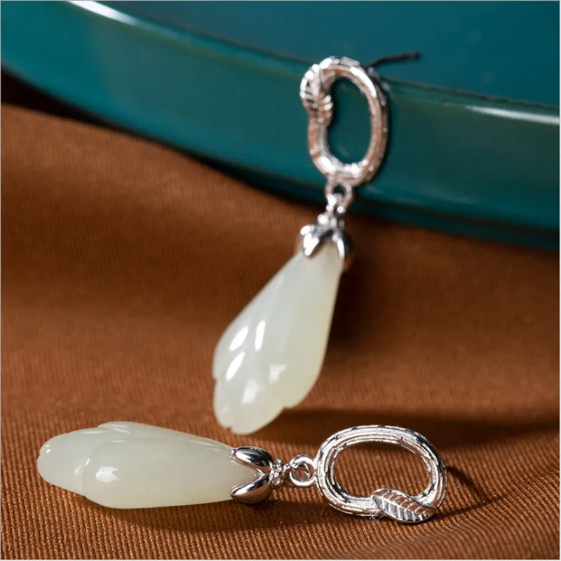 Женские серьги из серебра 925 пробы с натуральным нефритом | Украшения и