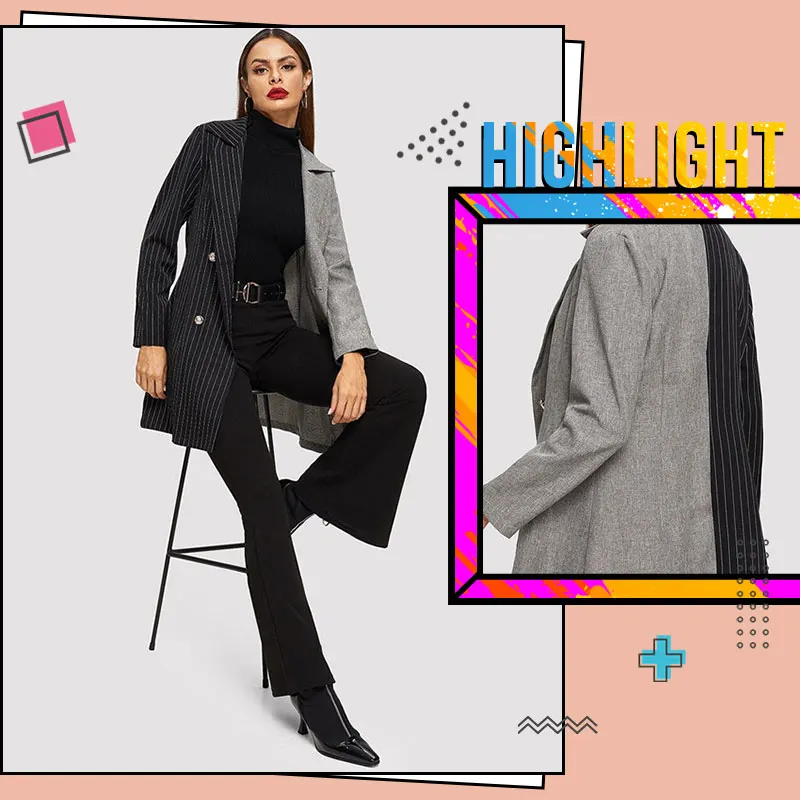 ROMWE Notch Collar Colorblock Striped Coat Women Blazer Autumn Fashion Ladies Jackets Fall Elegant Black Double Breasted Blazer