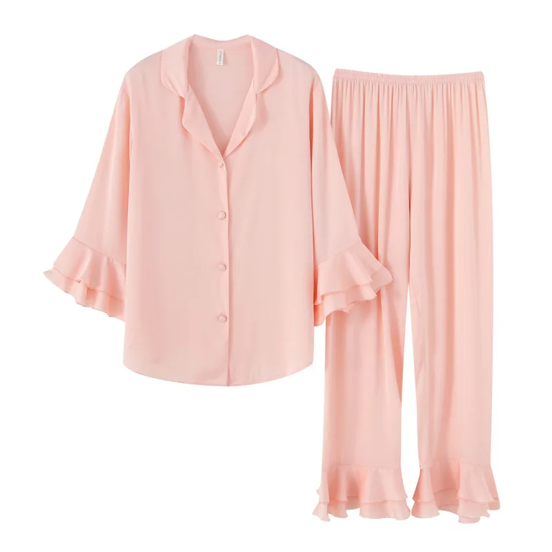 Spring New Ice Silk Pajamas Set Women's Solid Color Lapel Nightwear Long Sleeve Trousers Sleepwear Thin Home Clothes Lounge Wear