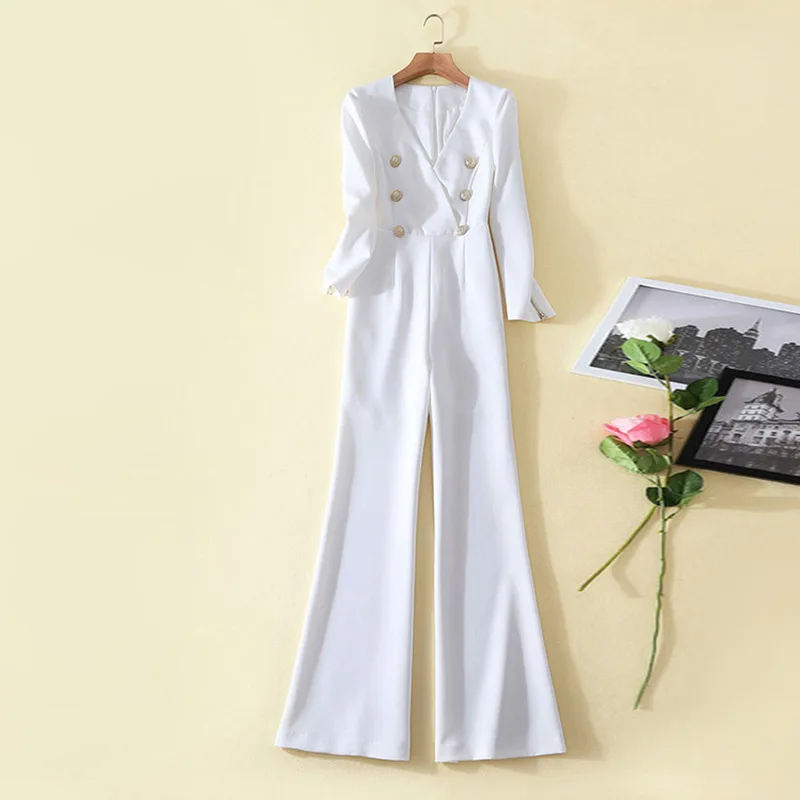 Женский деловой комбинезон с длинным рукавом элегантный белый офисный V образным