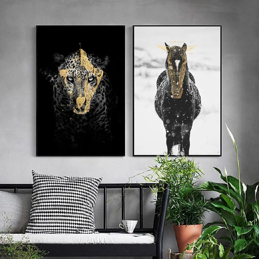 

Black Gold Leopard Poster Horse Photography Animal Art Print Minimal Canvas Painting Modern Wall Picture Living Room Home Decor