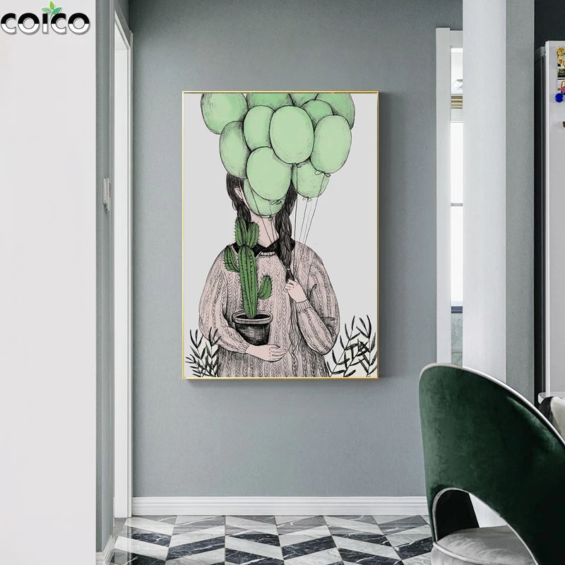 

Green Balloon Masked Girl Abstract Canvas Print Wall Art Painting Cactus Plant Figure Hand Painted Poster Home Hecor Picture