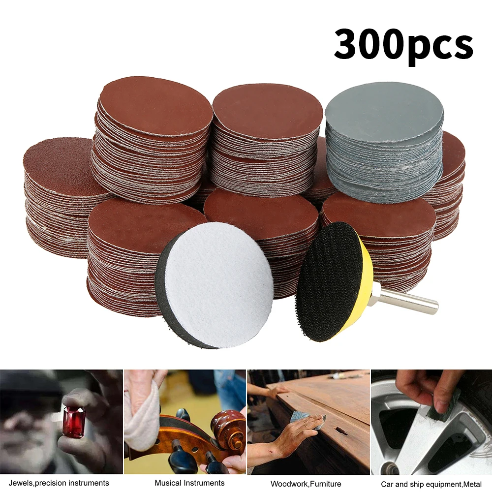 

300pcs Car Polishing Cleaning Tools 80/180/240/320/800/3000 Grits Sanding Disc Set 2inch 50mm+ Loop Sanding Pad with 3mm Shank