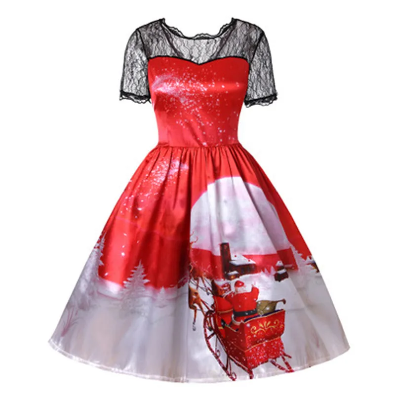 Winter Christmas Dresses Women Black Lace Vintage Swing Elegant Party Dress Short Sleeve Casual Plus Size Print N28 | Женская одежда