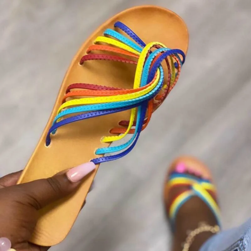 

Women Rainbow Patchwork Slippers Corss Flat Heel Open Toe Outdoor Beach Slides Fashion Sexy Casual Sandals Ladies Shoes Whosale