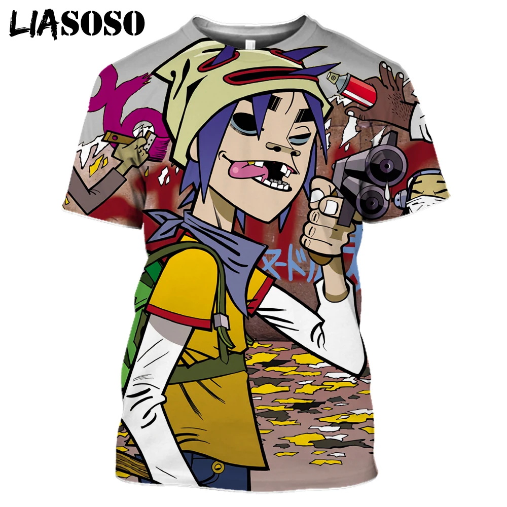 

LIASOSO 2021 New 3D Color Print Music Band Gorillaz Lady Men's T-shirt Casual Fashion Summer O-Neck Shirt Anime Funny Top T