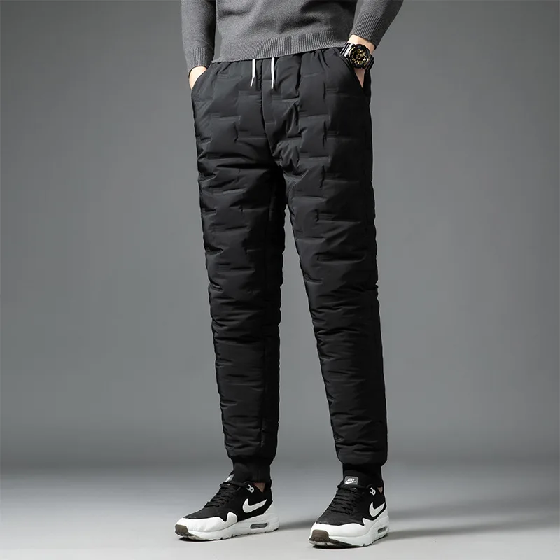 

2021 Men's Winter Casual Lace-up Elastic Down Wadded Trousers Youth Wear Fashion Thin Foot Warm-Keeping Down Cotton Pants