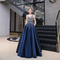 new fashion sexy open v back blue a line evening dress simple satin glitter beads formal party celebrity gown with pockets 2021
