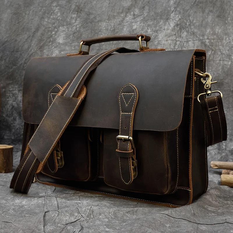 vintage men briefcase crazy horse genuine leather man male laptop handbag large shoulder messenger portfolio bag business case free global shipping