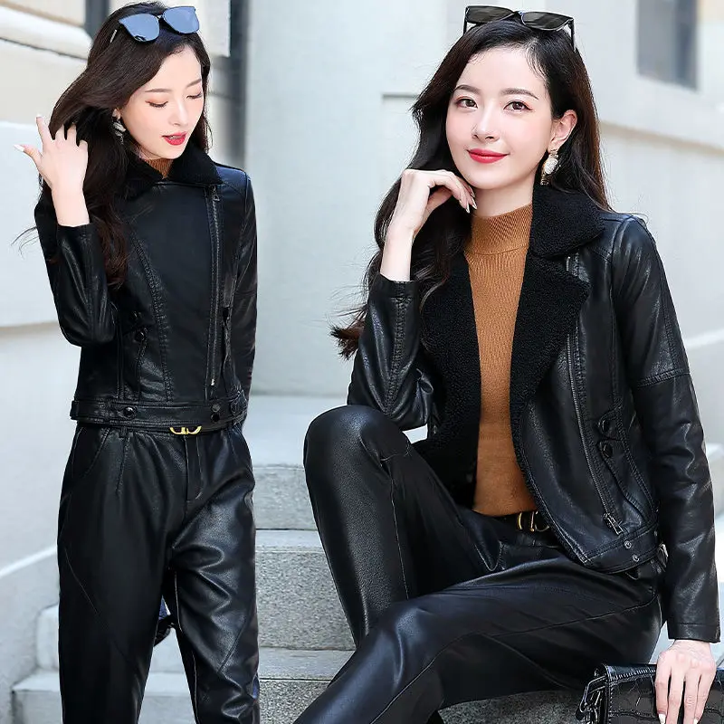 

Haining Leather Women's short jacket 2020 spring and autumn new casual collar slim leather jacket