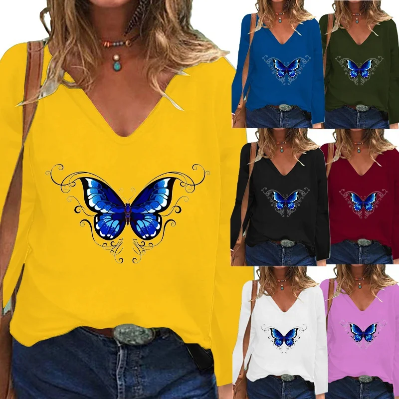 

2021 Autumn New Fashion Women's Butterfly Printed Long Sleeve V-Neck T-shirt Casual Loose Blouse Tops Plus Size XS-5XL