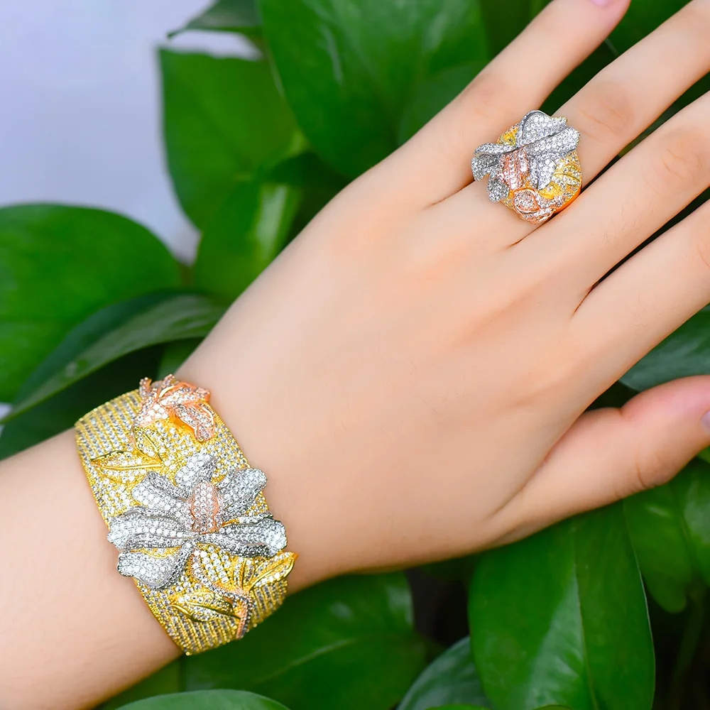 KellyBola Luxury Flowers Leaf Luxury Full Micro Cubic Zirconia Geometry Bangle Ring Sets For Women Wedding Dubai Bridal Jewelry