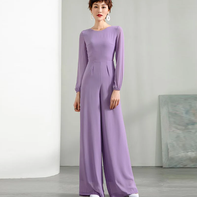 2022 Summer Jumpsuit for Women Purple Color Long Sleeve High Street Chiffon Elegant Party Wide Leg Rompers Overalls 3XL 4XL