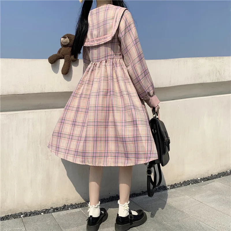 

Japanese Autumn New Preppy Style Kawaii Soft Girl Women Pink Dress Sailor Collar Bow Vintage Plaid Full Sleeve Loose Dresses