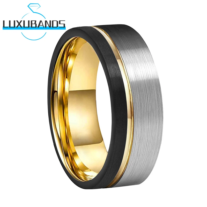 

Tungsten Carbide Ring For Men Wemen Gold Offset Pipe Cut Black Brushed Finished Comfort Fit