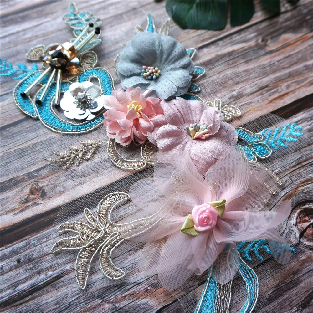 Розовая синяя 3D Цветочная кружевная ткань с пайетками вышитая одежда аппликация