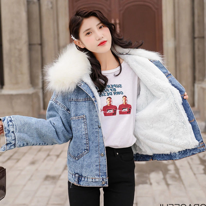 2019 хлопковое синее теплое зимнее пальто для женщин бомбер осеннее джинсы овечья