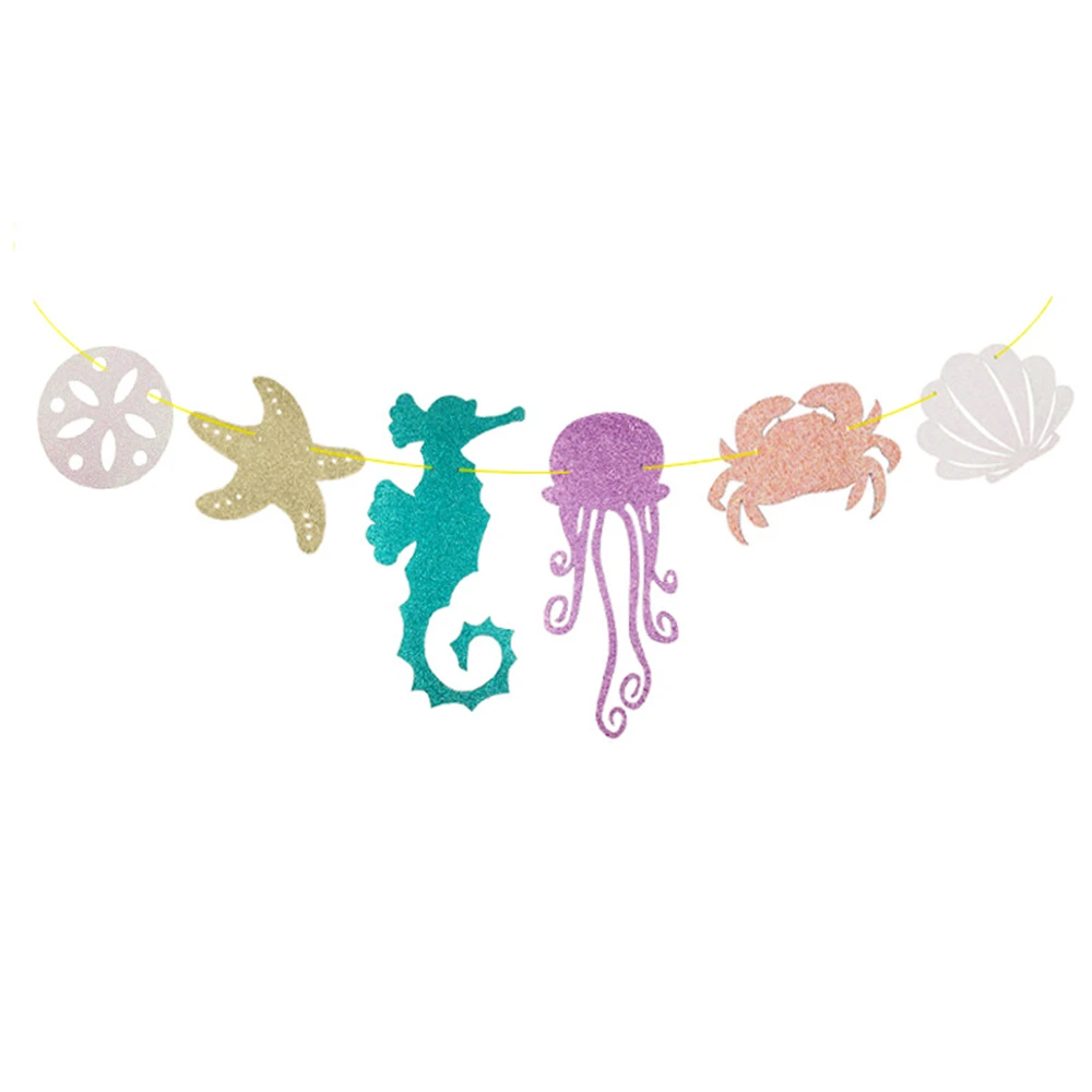 Cute Pull Flag Glitter Seahorse Jellyfish Crab Paper Lahua Party Birthday Banner Decoration | Дом и сад