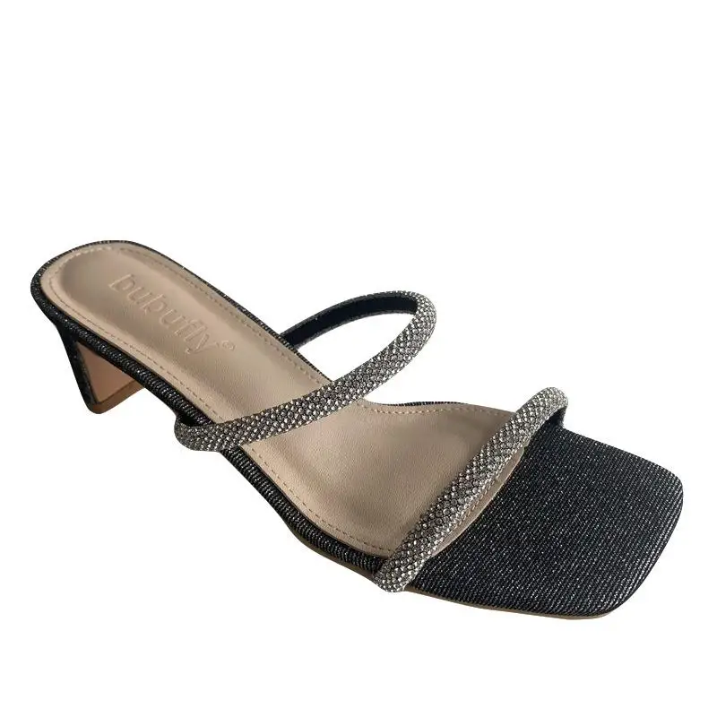 

Glitter Slides Slippers Soft Square heel Shoes Women Heels Fashion Pantofle Rubber Flip Flops Jelly Comfort Block High Luxury Su