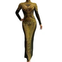 shining gold rhinestone long women split dress tight stretch asymmetrical outfit dj singer dance show wear nightclub costumes