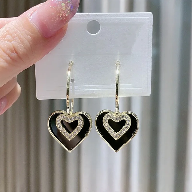 

Heart Earrings Black Love Crystal Drop Earrings For Women Korean Simple Cute Ear Jewelry Accessories Gifts