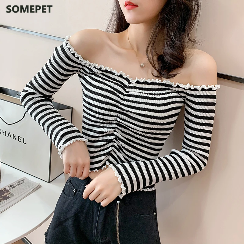 

Stripes Tees Long Sleeve Women Off Shoulder Tops Plain Sexy Tees Casual O-neck Thin Slash Shoulder T-Shirts For Women