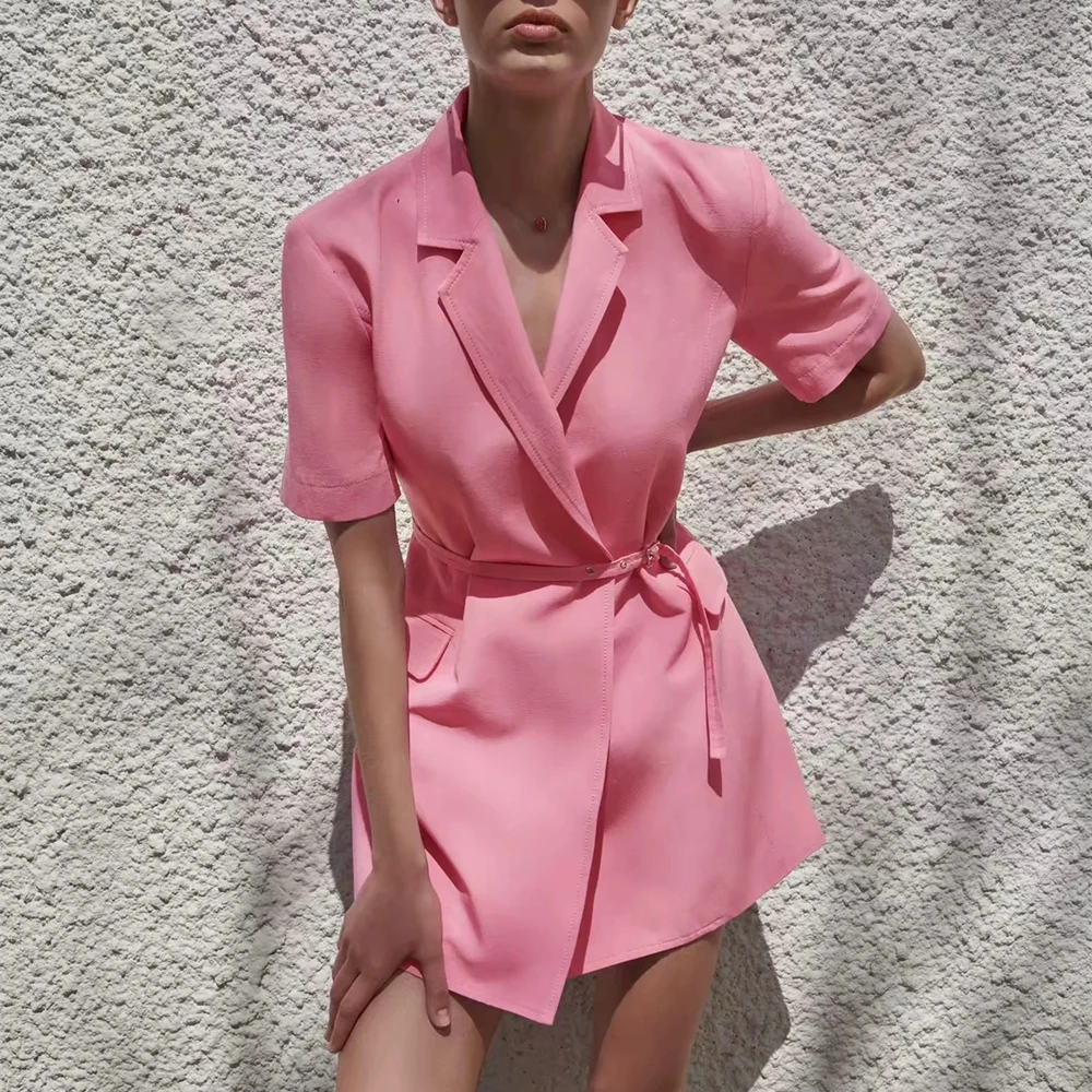 

2021 Summer Blazer Dress Short Sleeve Belt Tie Cute Elegant Office Lady Chic Korea Fashion Women White Pink Mini Short Dresses