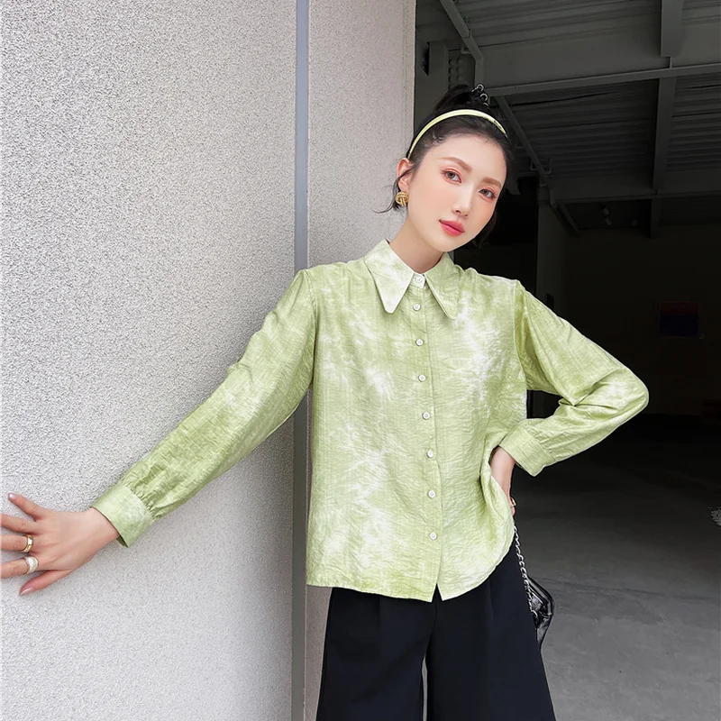 

Korejepo Women Blouse 2021 Summer New Vintage Turn-down Collar Long-sleeved Single Breasted Shirt Female Loose Shirt Office Lady