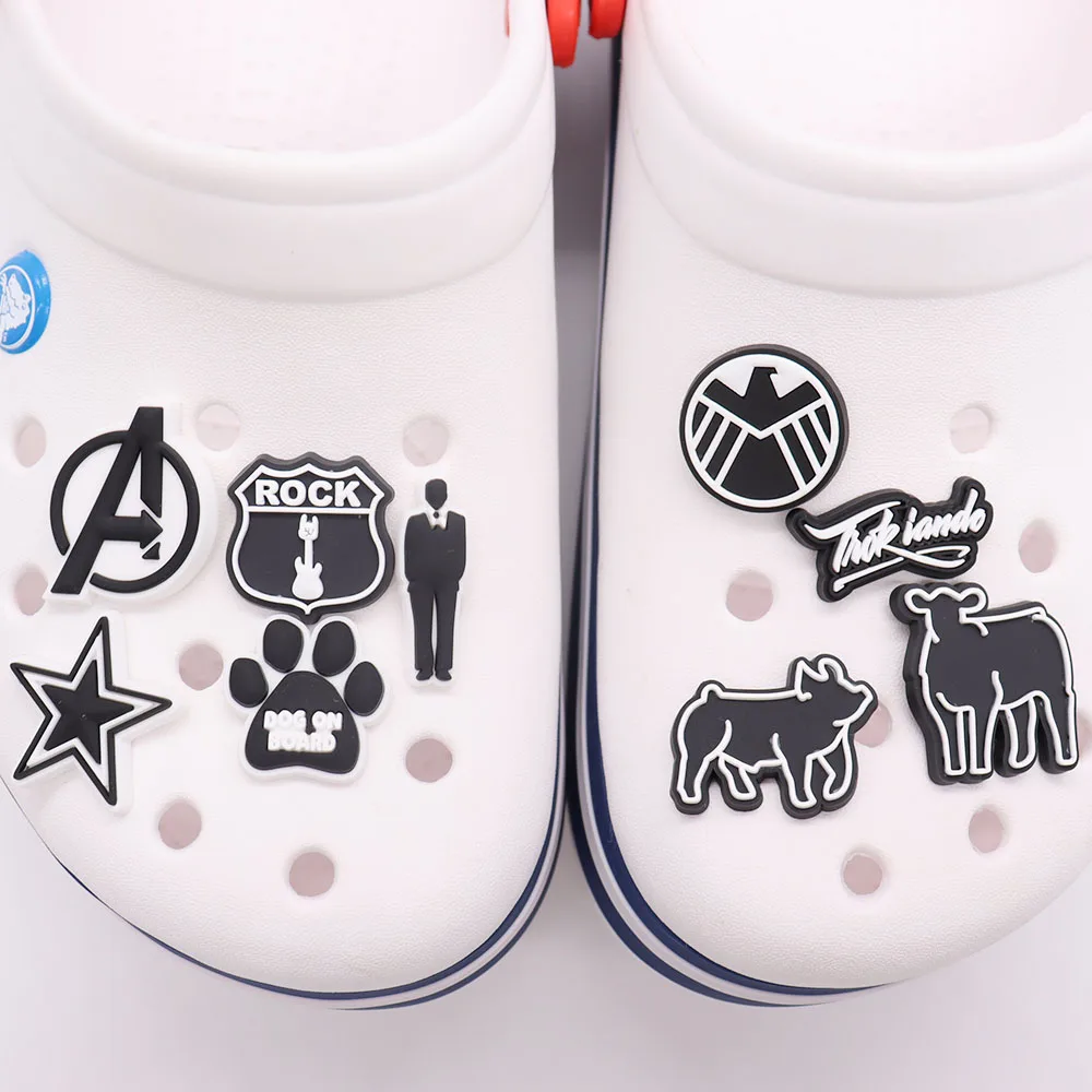 

9pcs/set Black White Pattern Letters PVC Shoe Charms Shoe Accessories Shoe Decoration for Croc JIBZ Wristbands Kids Xmas Gift