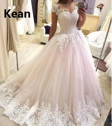 

Cap Sleeve Muslim Wedding Dress Blush Pink Appliques Abiti Da Sposa vestido De Noiva Dubai Arabic Robe De Mariee Custom Made