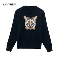 saythen women sweaters 2021 autumn jersey long sleeve o neck student pulovers tops cat fresh kitten cute female jumpers
