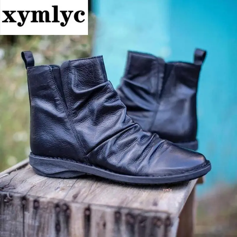 

Winter Women's Boots Solid Color Flat Ankle Boots Pu Leather Side Zipper Lightweight Ladies Boots Soft Comfortable Women's Shoes