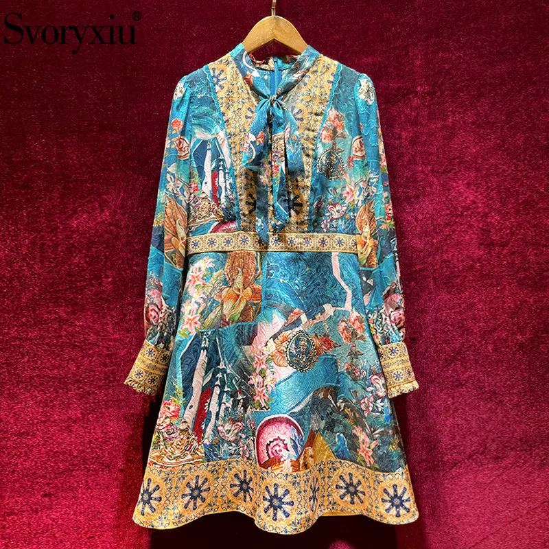 

Svoryxiu Designer Fashion Spring Summer Short Dress Women's Elegant Long Sleeve Bow Collar Vintage Print Dresses Vestdios