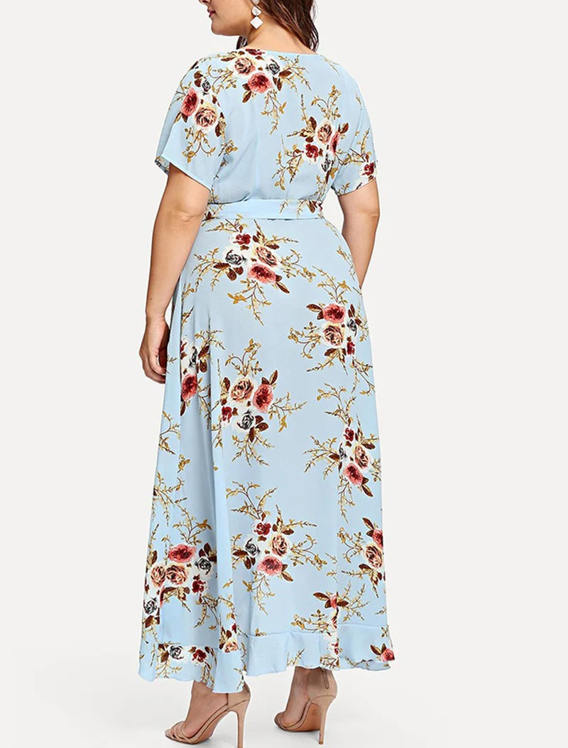 

Echoine Plus Size Short-sleeved Printed One-piece Maxi Dress for Women V-neck Bandage Dress Outfit