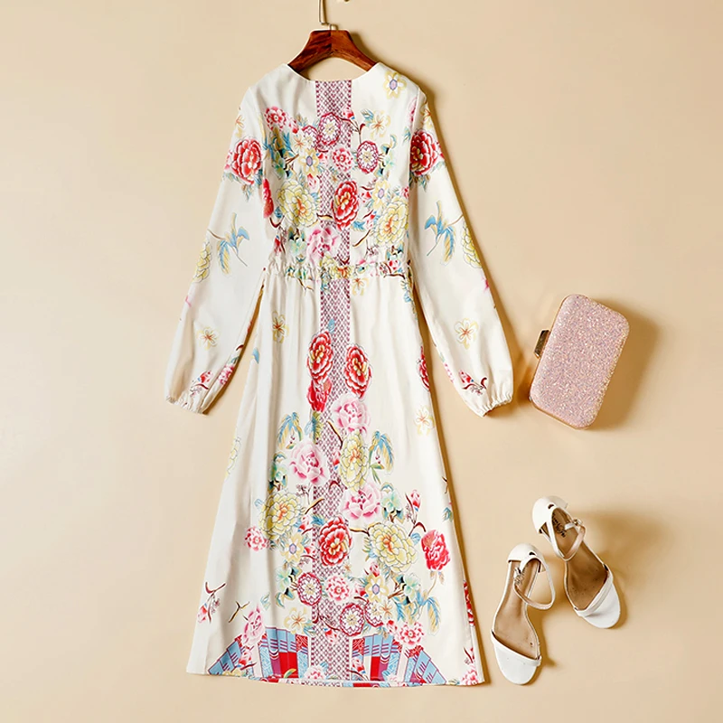 

Spring 2021 New Women'S Fashion Flower Print Long Sleeve Lacing Slim Vintage Chic Party Vacation Casual Dress