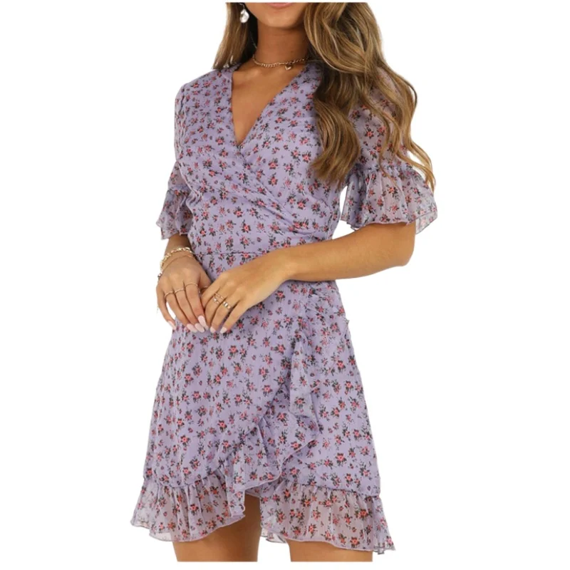 

Purple Floral Wrap Dress Women Summer Flare Sleeve V-Neck Mini Dress Boho Lady Waist Lace-up Ruffled Dress A-Line Flowers Dress