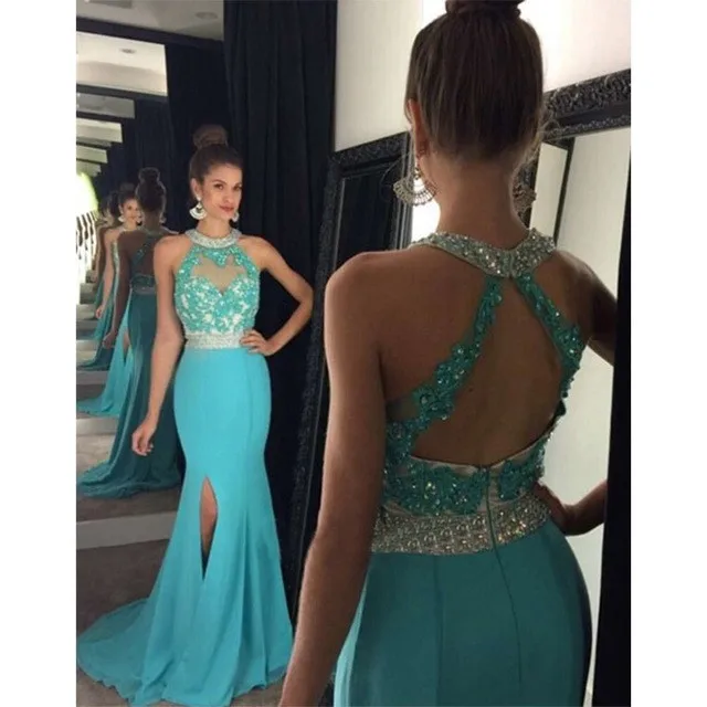 

Halter Blue Mermaid Prom Dresses Long 2019 New Applique Beads Side Slit Chiffon Formal Women Evening Dresses