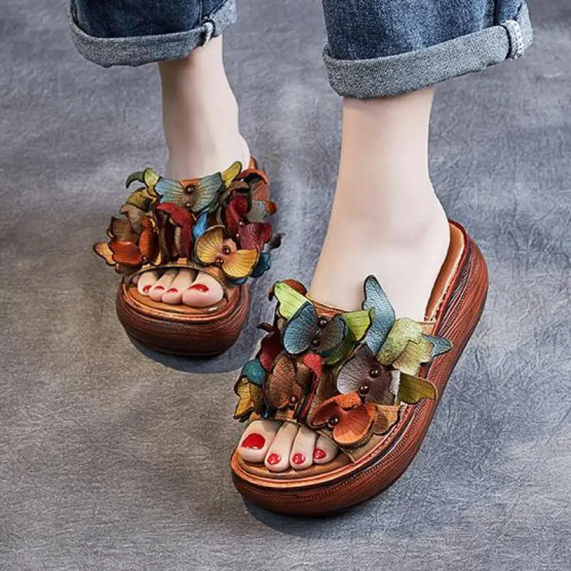 

YourSeason Women 2021 Summer Genuine Leather Shoes Slides Outside Wear Platform Ladies Floral Wedges Retro Slippers