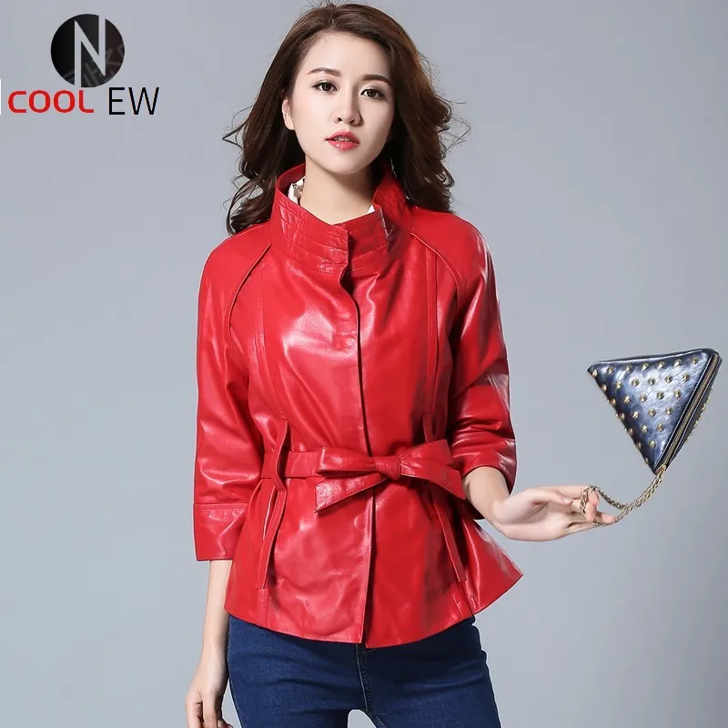 

New Autumn Fashion Red Genuine Leather Jacket Sheepskin Lamb Coat With Sashes Belt Stand Collar Real Leather Jackets Women
