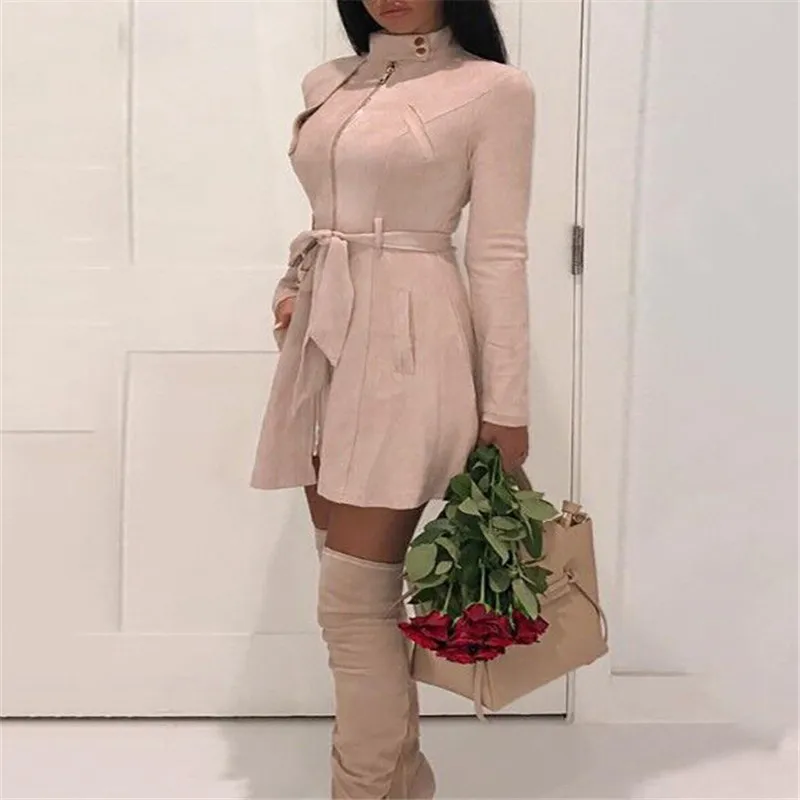 Тренч Женский однотонный бархатное пальто на молнии с завязкой спереди