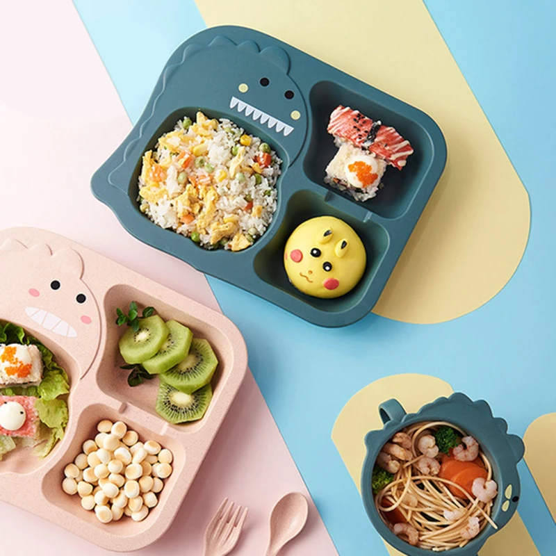 

Cute dinosaur dinner plate children tableware set baby food supplement bowl wheat fiber plate divided grid anti-fall food plate