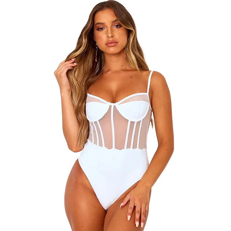 

2021 Hollow Straps Backless Bodysuit Black Mesh Transparent Bodysuit Bralette Women Bodycon Jumpsuit Club Party