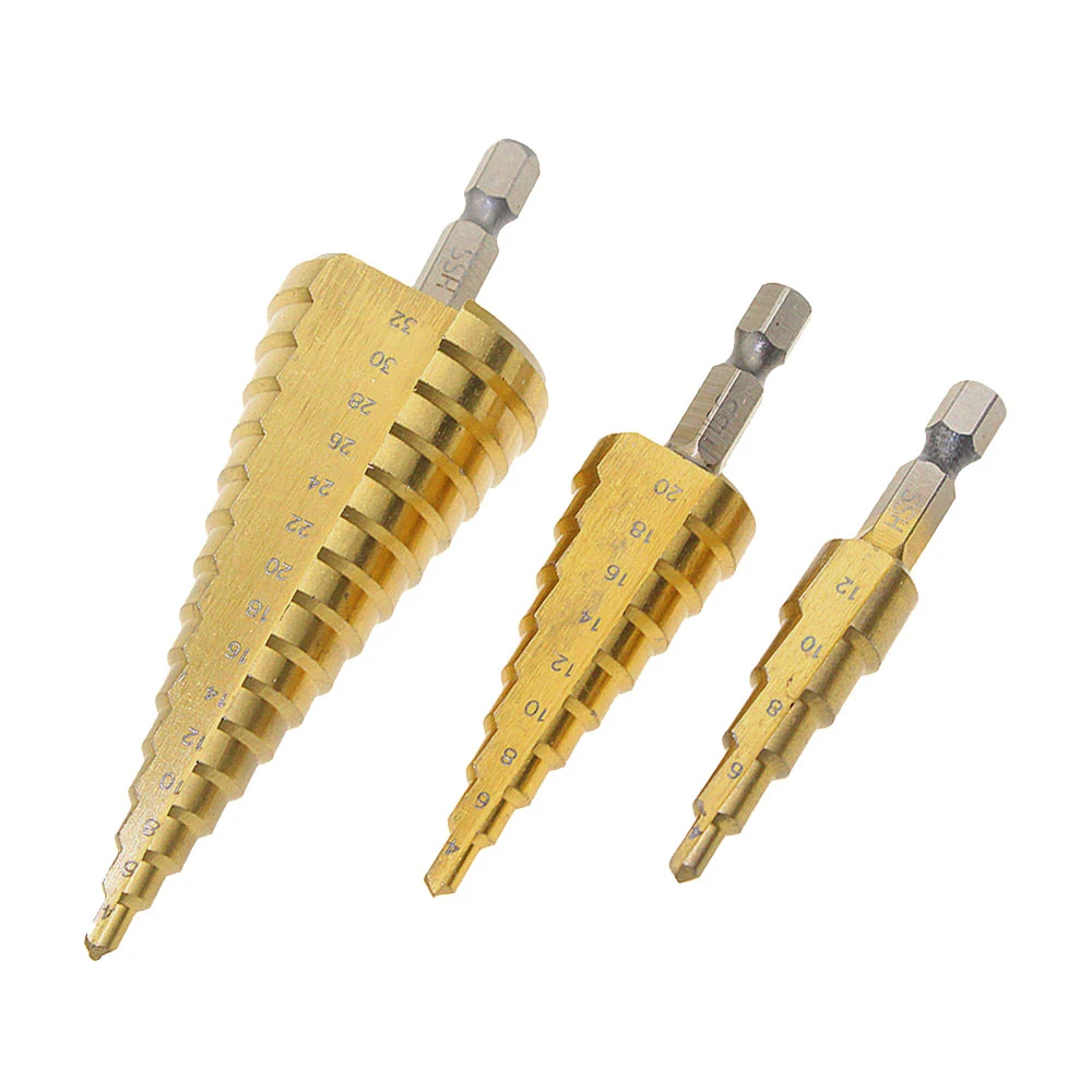 

Titanium Step Drill Bit HSS4241 High Speed Steel Cone Bits for Sheet Metal Hole Drilling Cutting Cutter Multi Size Gold