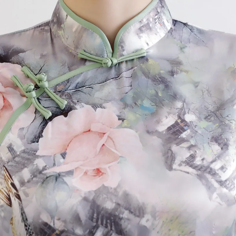 

Elegant And Fashion Women Summer Satin Cheongsam Short Sleeve Qipao Straight Skirt Print Floral Classical Mother Chinese Dresses