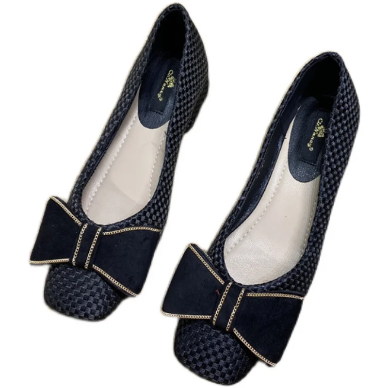 

С бантом; Повседневная обувь для женщин на толстом низком каблуке, Туфли-лодочки 2021 весенняя обувь без застежек с Женская повседневная обув...